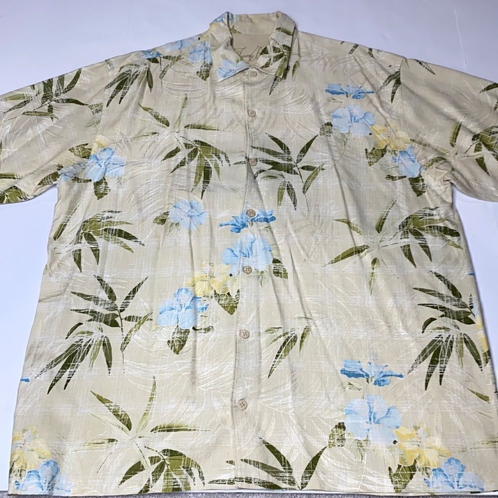 Tommy Bahama Yellow Palm Leaves Hibiscus Flowers Hawaiian‎ Silk Shirt Size XL